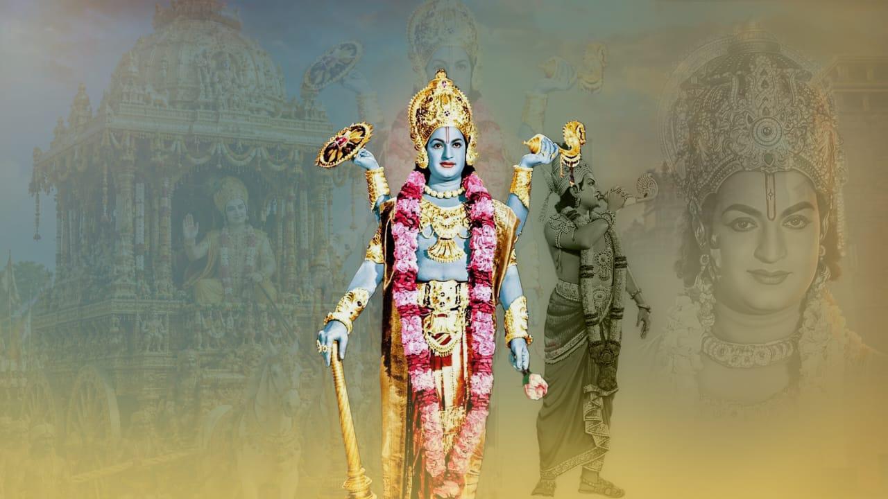 Composite of N. T. Rama Rao in his mythological roles, before a temple chariot